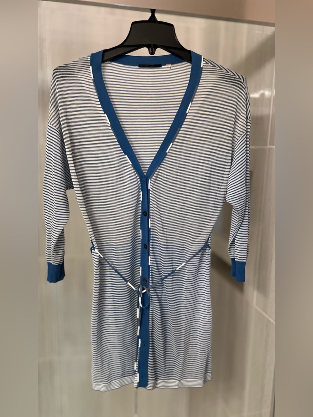 Elie Tahari 100% Cotton Blue Semi-Sheer White Striped Belted Cardigan Sweater